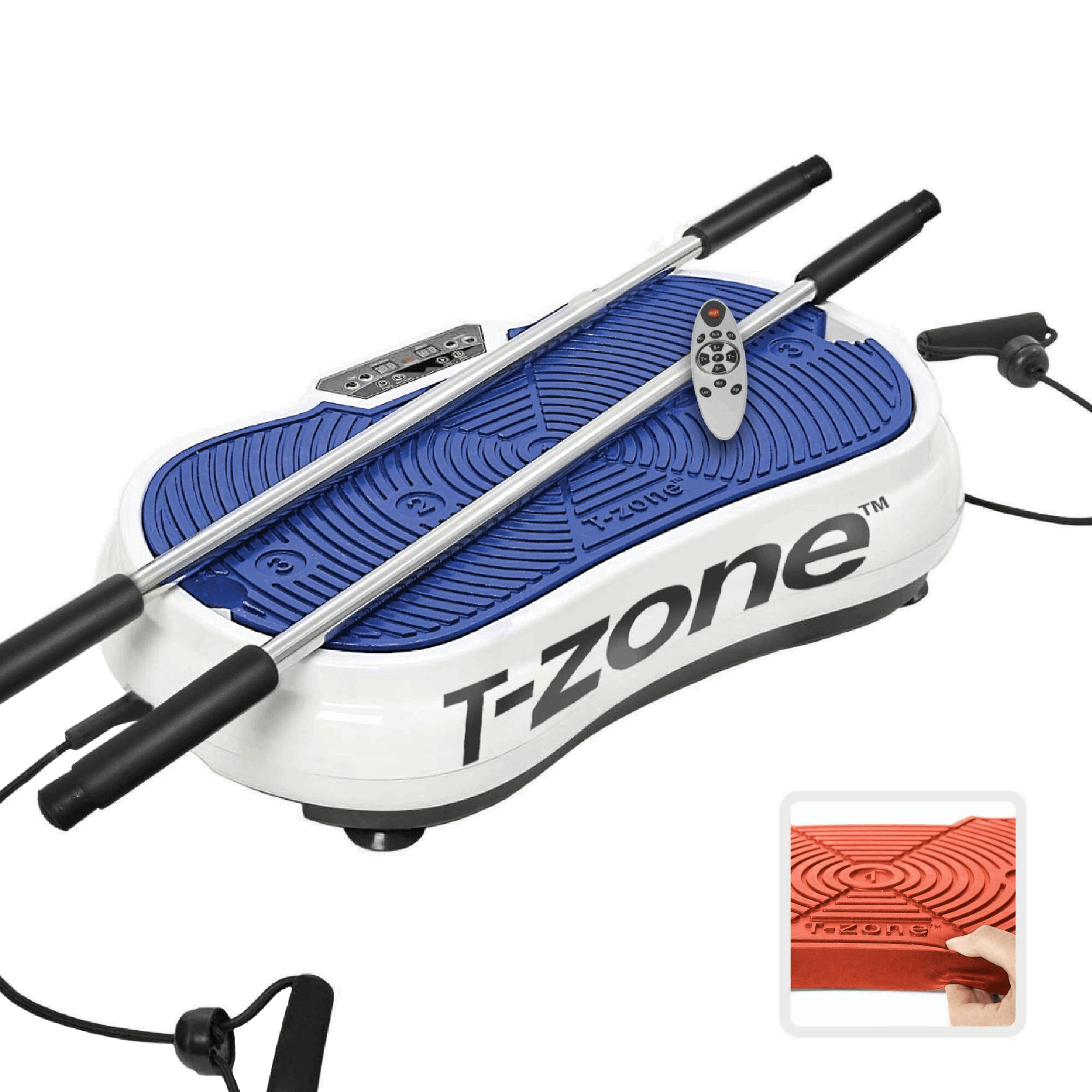 T-Zone HE-90 Vibration Plate Exercise Machine with accessories including balance poles and mats, showcasing its compact design and user-friendly interface.